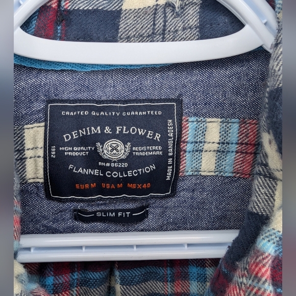 Denim & Flower Flannel Collection Plaid Button Down Blue Red White Mens Slim M - Picture 3 of 8